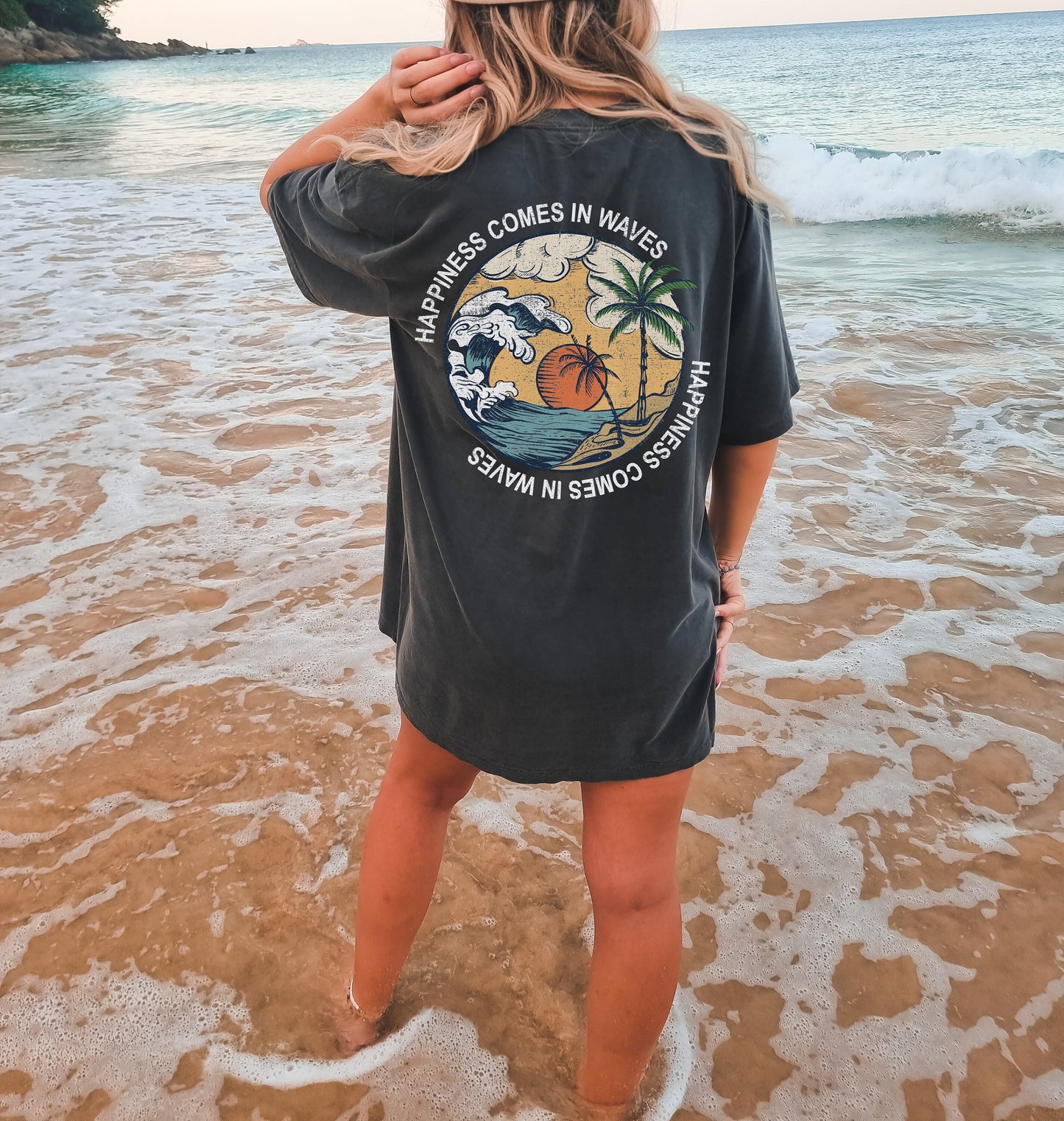 Happiness Comes in Waves Tee, Summer Graphic Tee